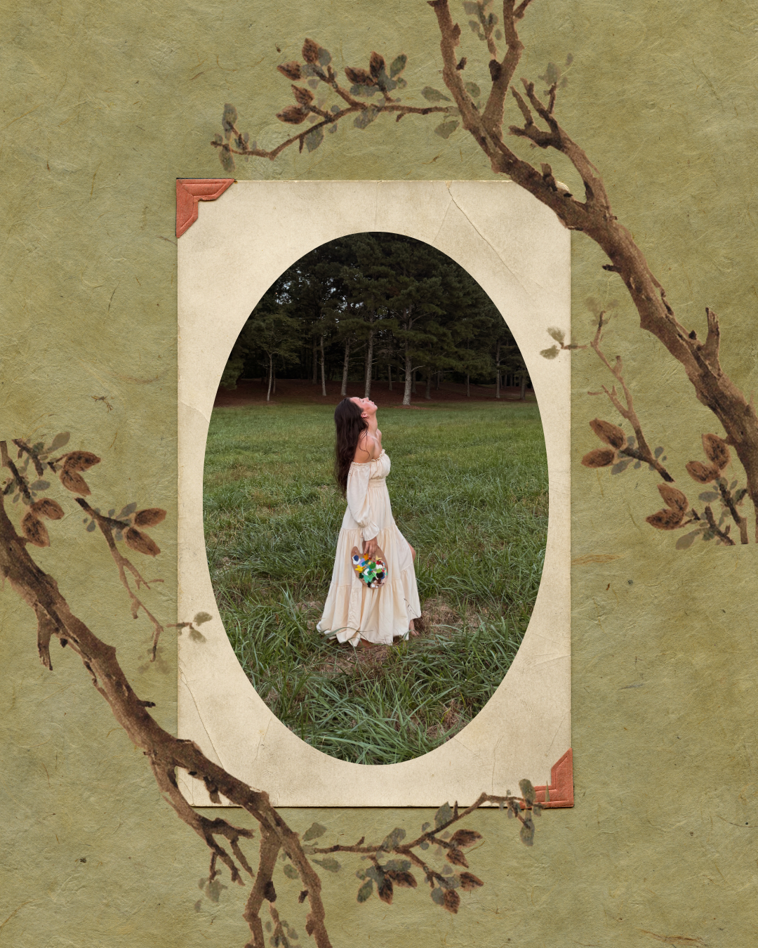 A woman in a white dress standing on grass in a field, holding a small bouquet, looking up with her eyes closed, surrounded by trees in the background, framed with a vintage floral border.