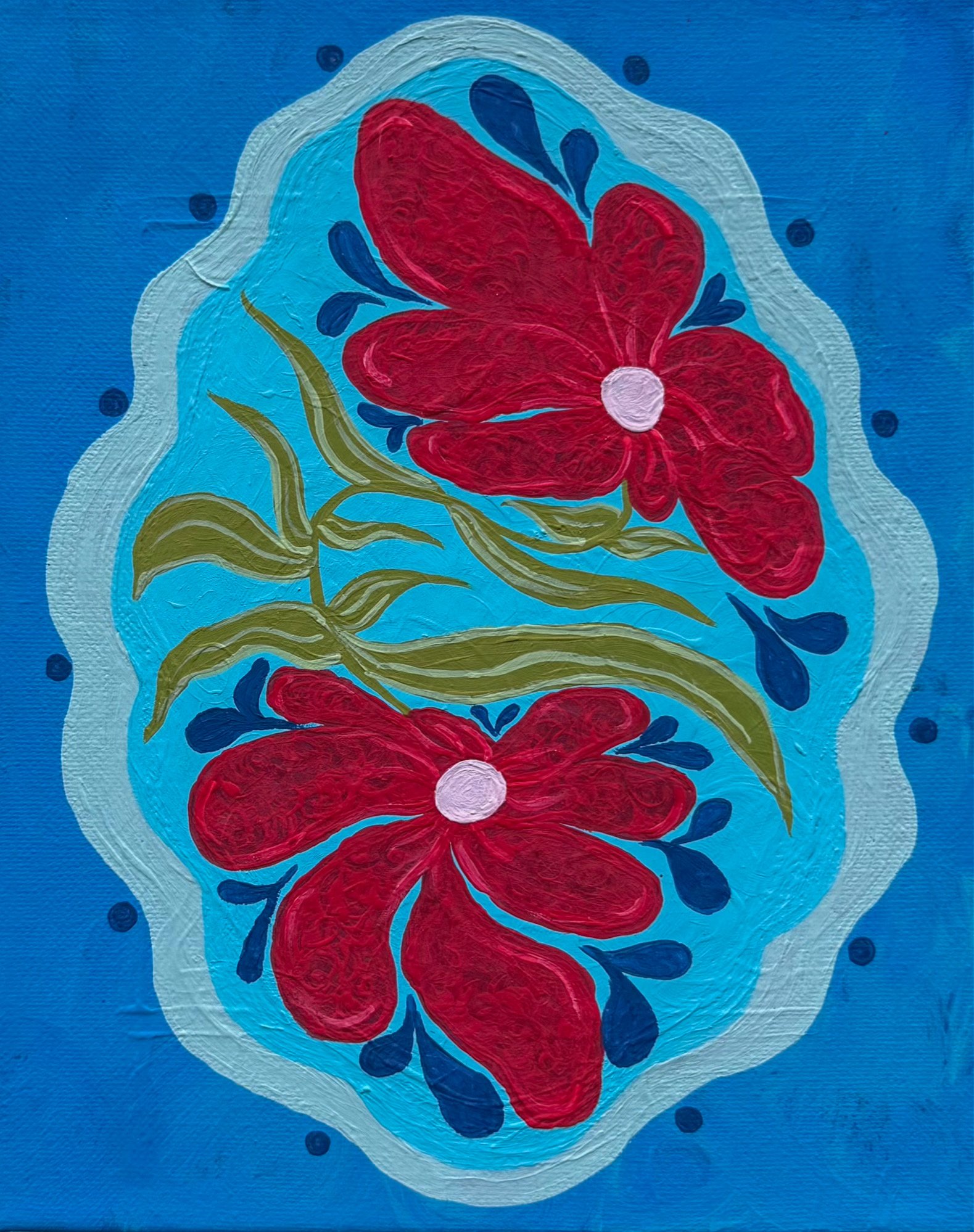 A colorful abstract painting of red flowers with green leaves on a blue background.