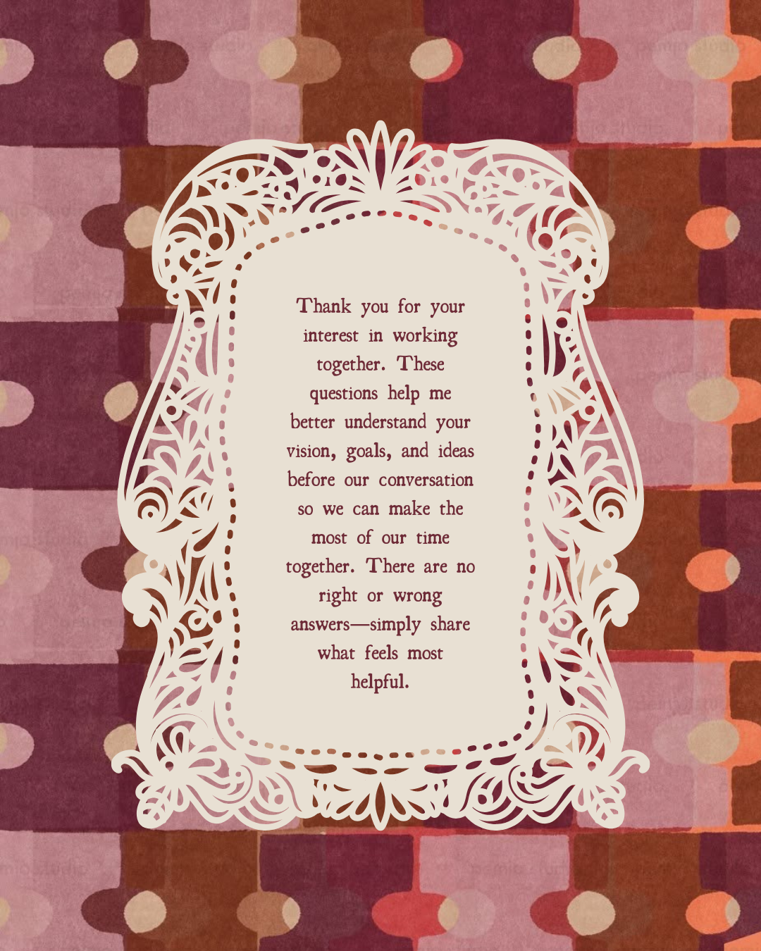 A decorative card with a lace-like border containing a thank you message, placed on a patterned, pinkish-red and brown checkered background.