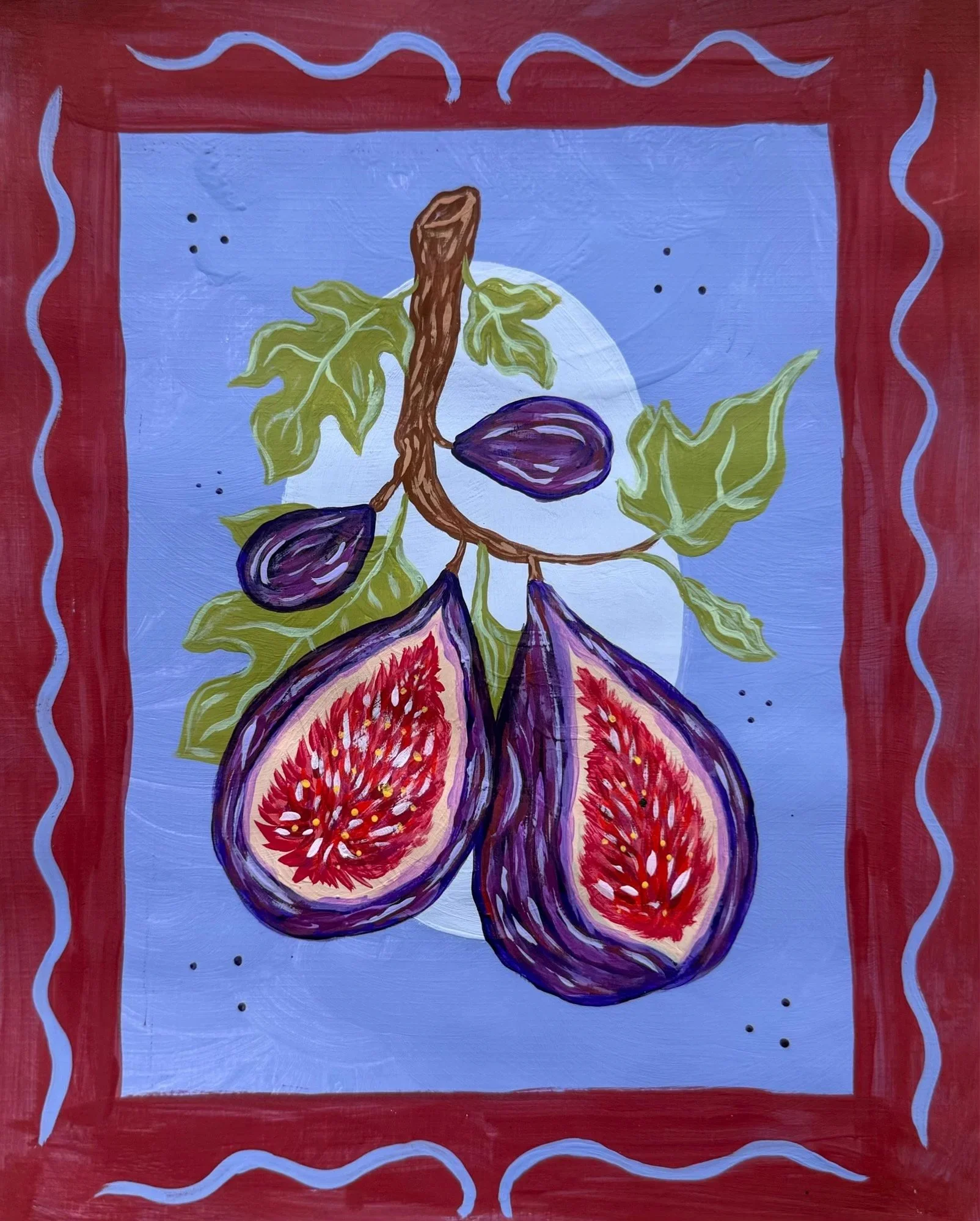 Colorful painting of fig branches with purple figs and green leaves, set against a background with a blue sky and a white sun, surrounded by a red border.