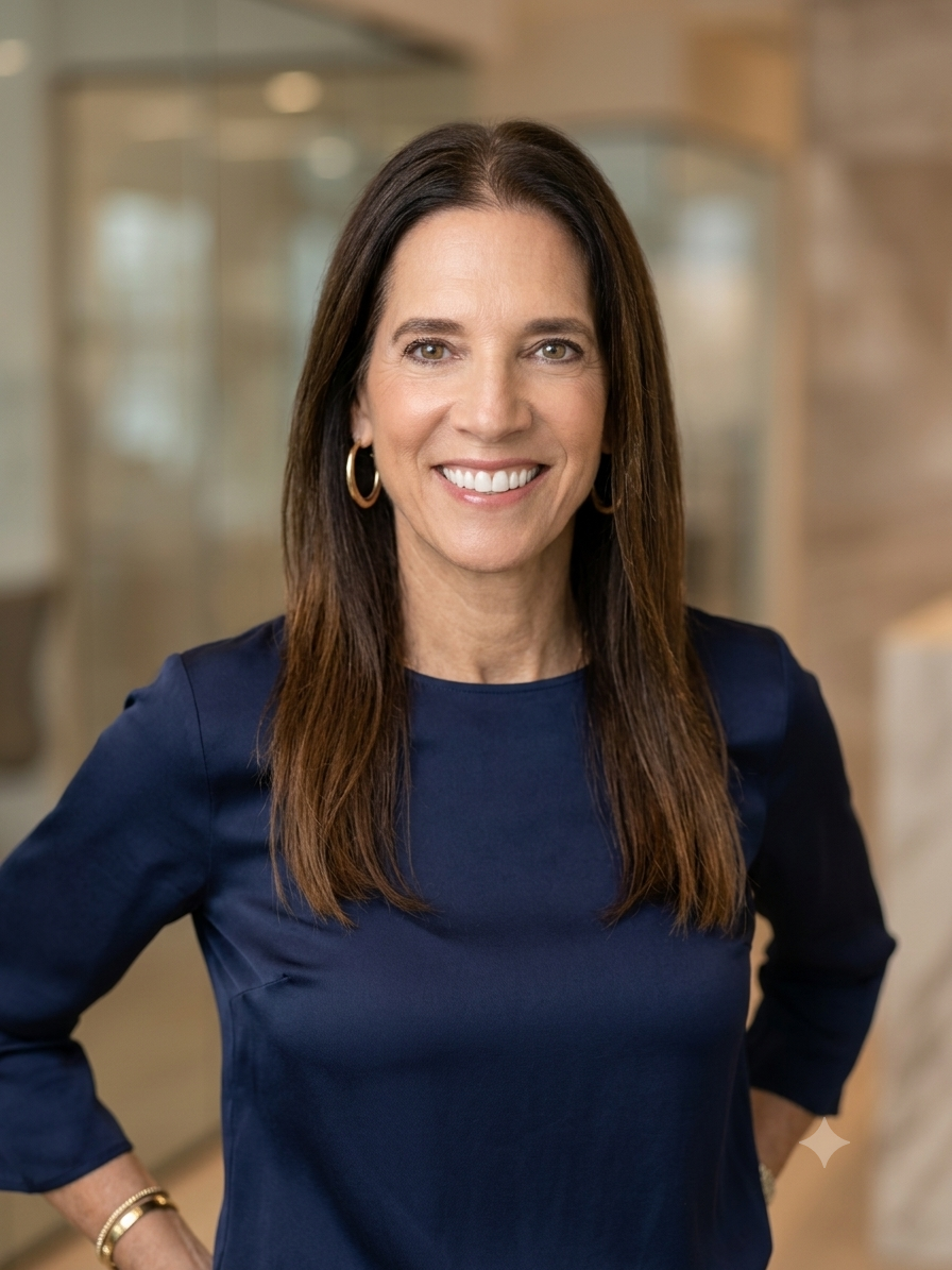 A smiling woman with long brown hair wearing a navy blue top and gold hoop earrings posing indoors.
