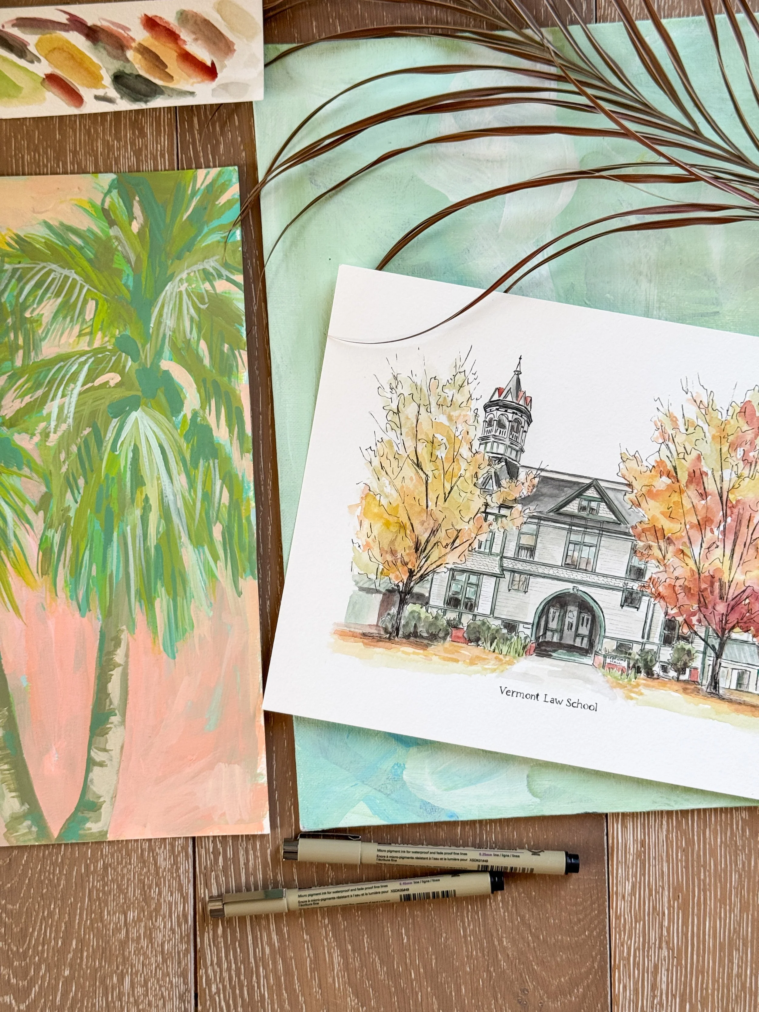 law school illustration of Vermont Law school alongside an original palm tree painting from the studio of Doris & June