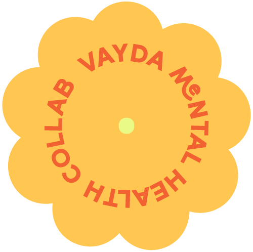 Yellow flower-shaped badge with red text that reads 'VAYDA NENTAL HEALTH COLLAB' arranged in a circle around the center.