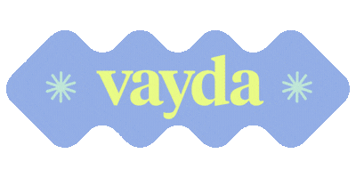 Text saying 'vayda' in yellow font on a blue background with small decorative elements.