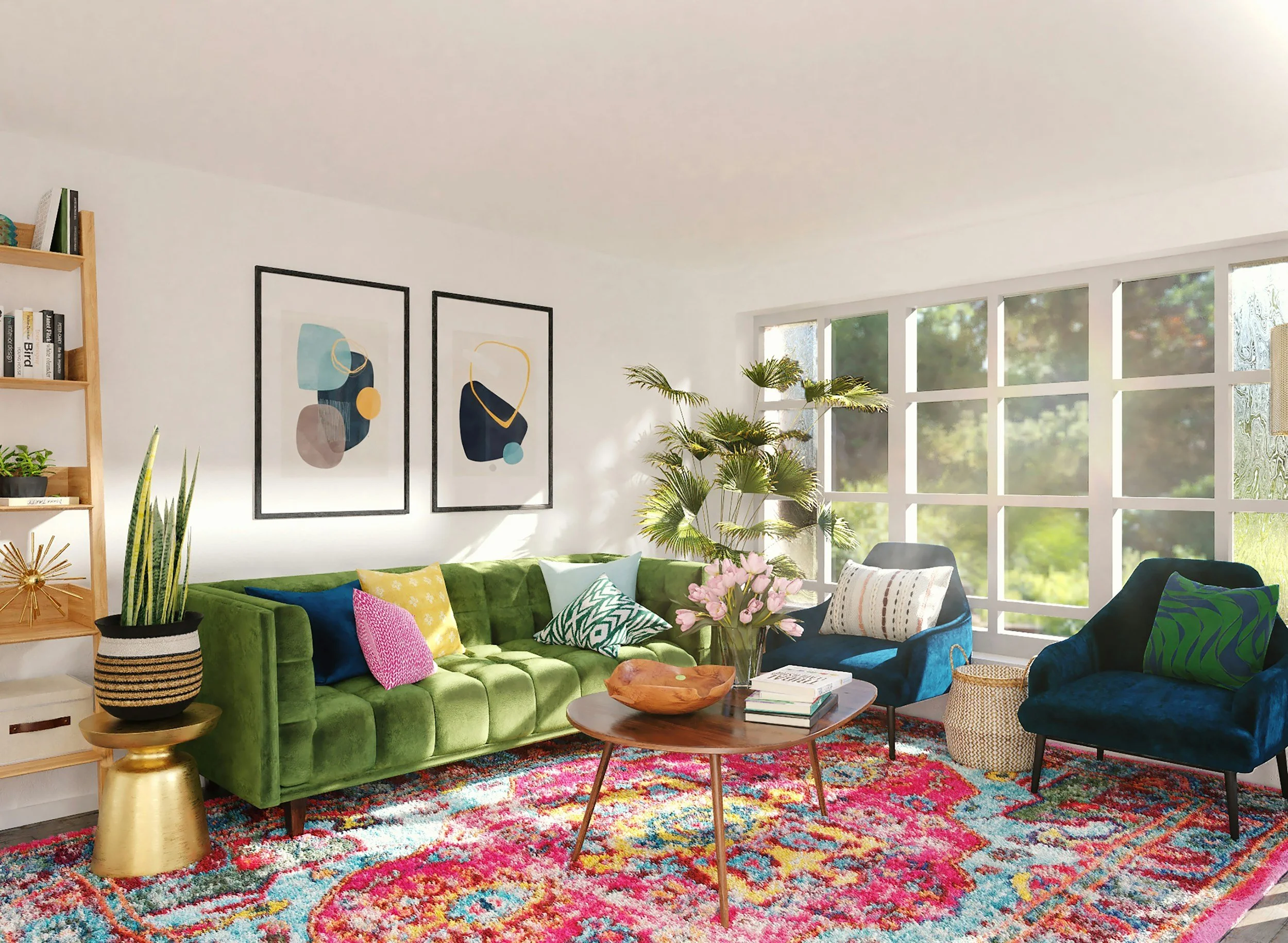 Un salon lumineux avec un canapé vert en velours, plusieurs coussins colorés, une table en bois ronde, un tapis aux couleurs vives, des plantes, des tableaux abstraits au mur, et de grandes fenêtres laissant entrer la lumière naturelle.