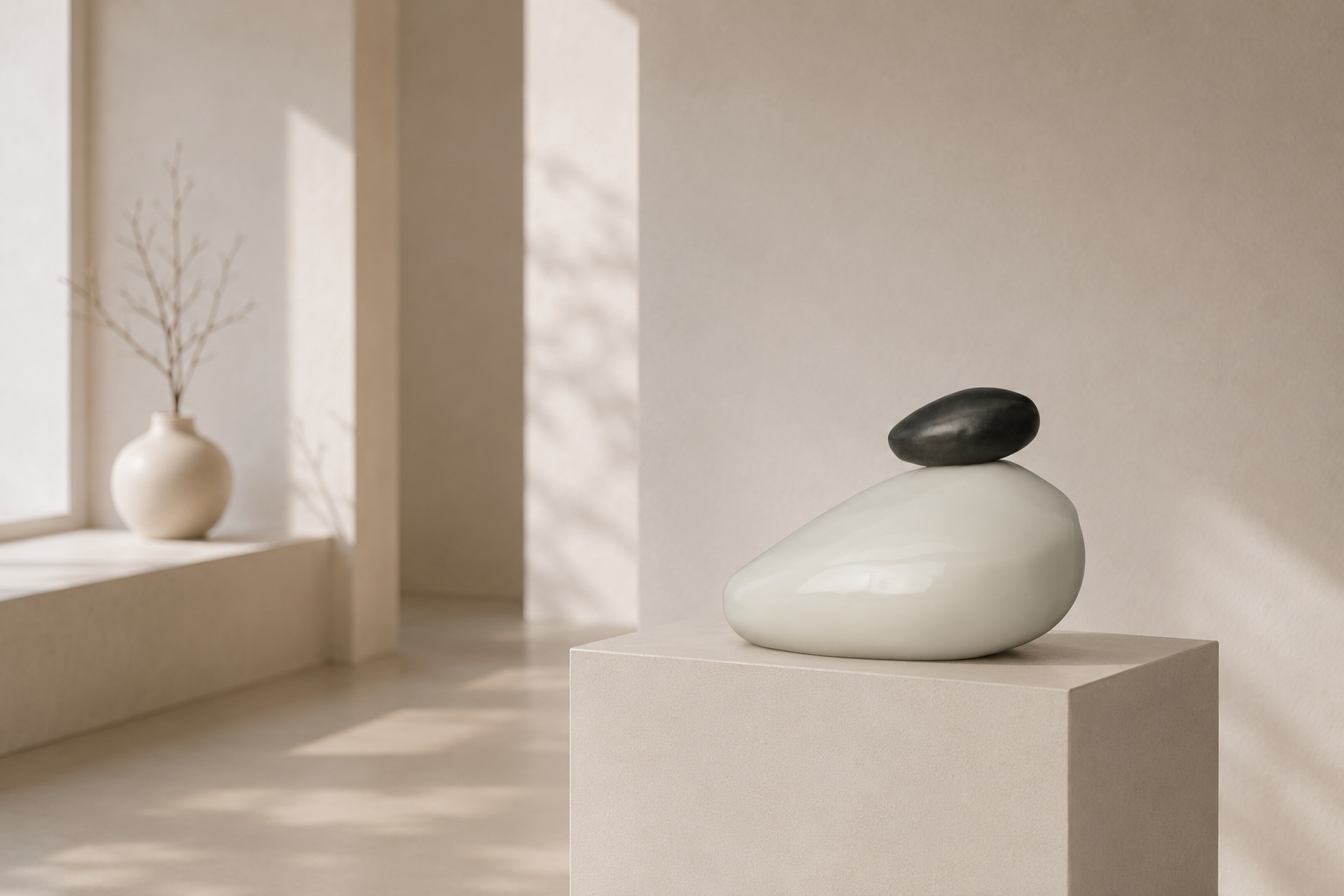 Moderní designová keramická urna Stone na komodě v moderním interiéru.