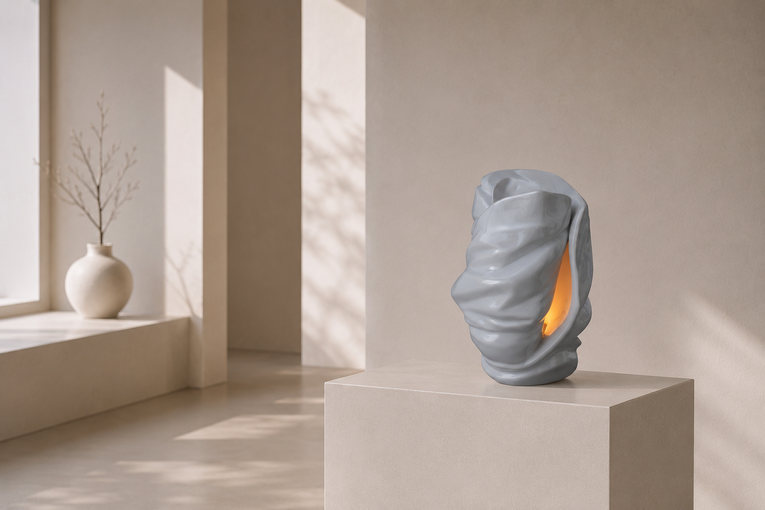 Moderní designová keramická urna Light na komodě v moderním interiéru.