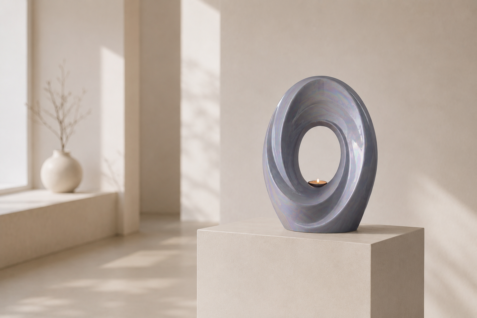 Moderní designová keramická urna The Passage v minimalistickém interiéru.