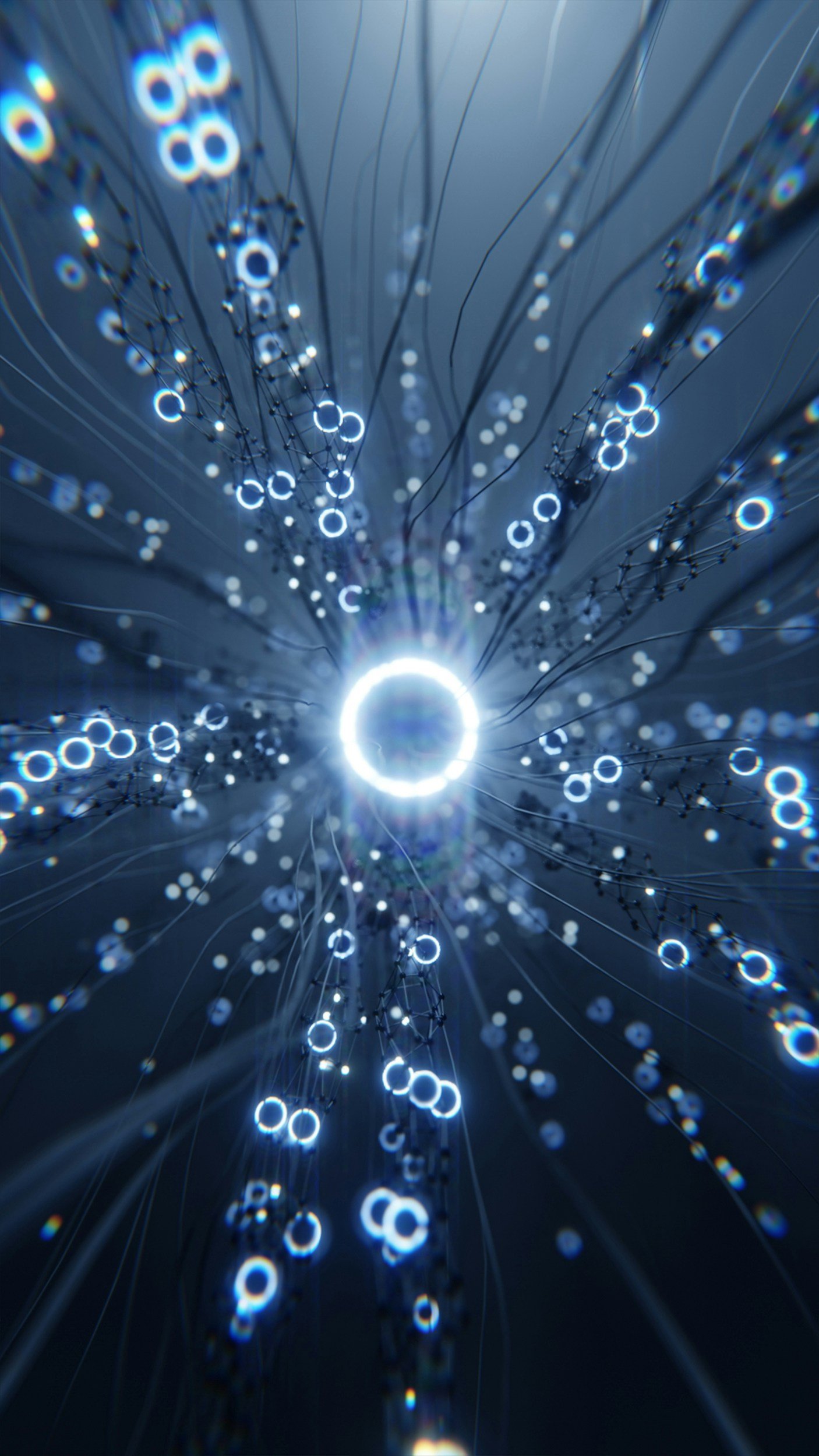 Abstract digital illustration of glowing orbs and lines connected in a network pattern, with a bright central light source in a dark background.