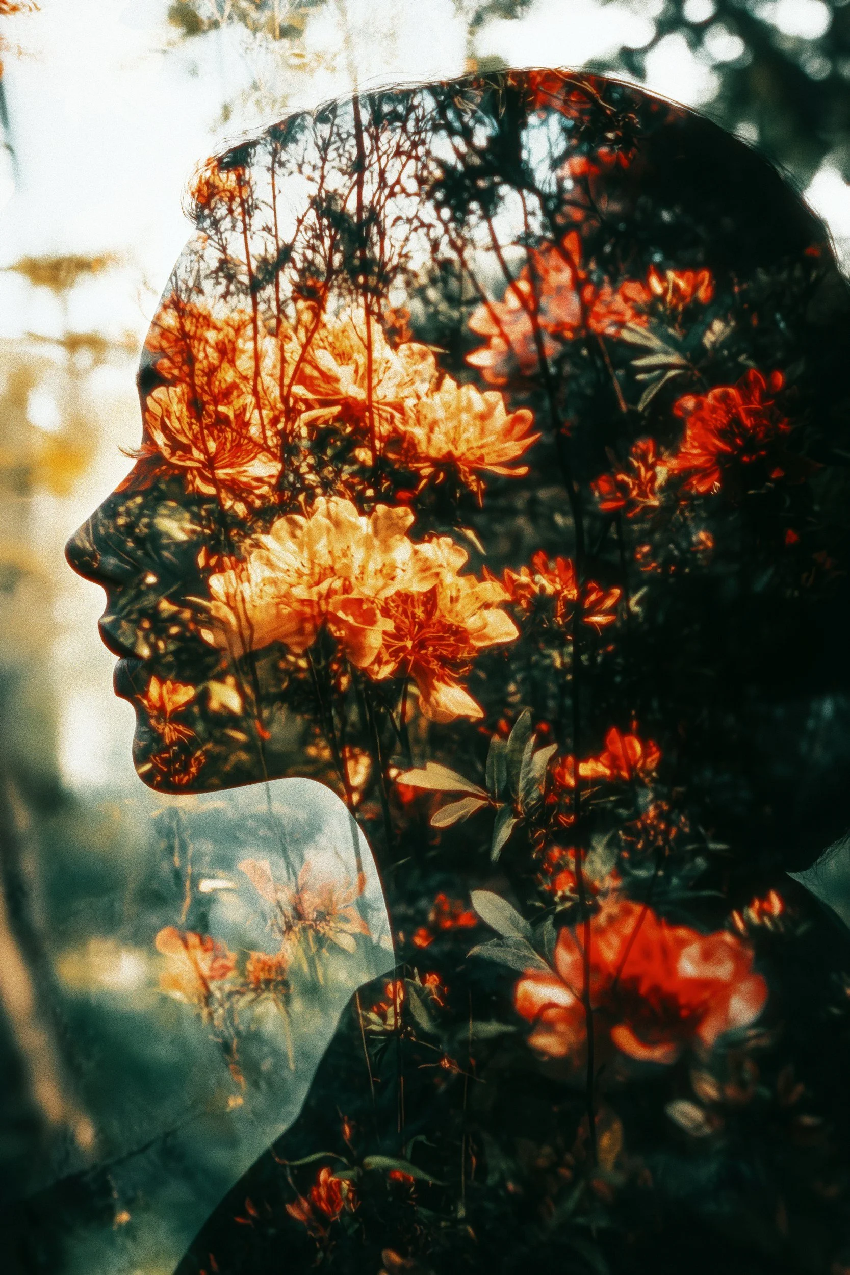 A photographic double exposure of a person's silhouette and a field of colorful flowers with trees, creating a surreal visual effect.