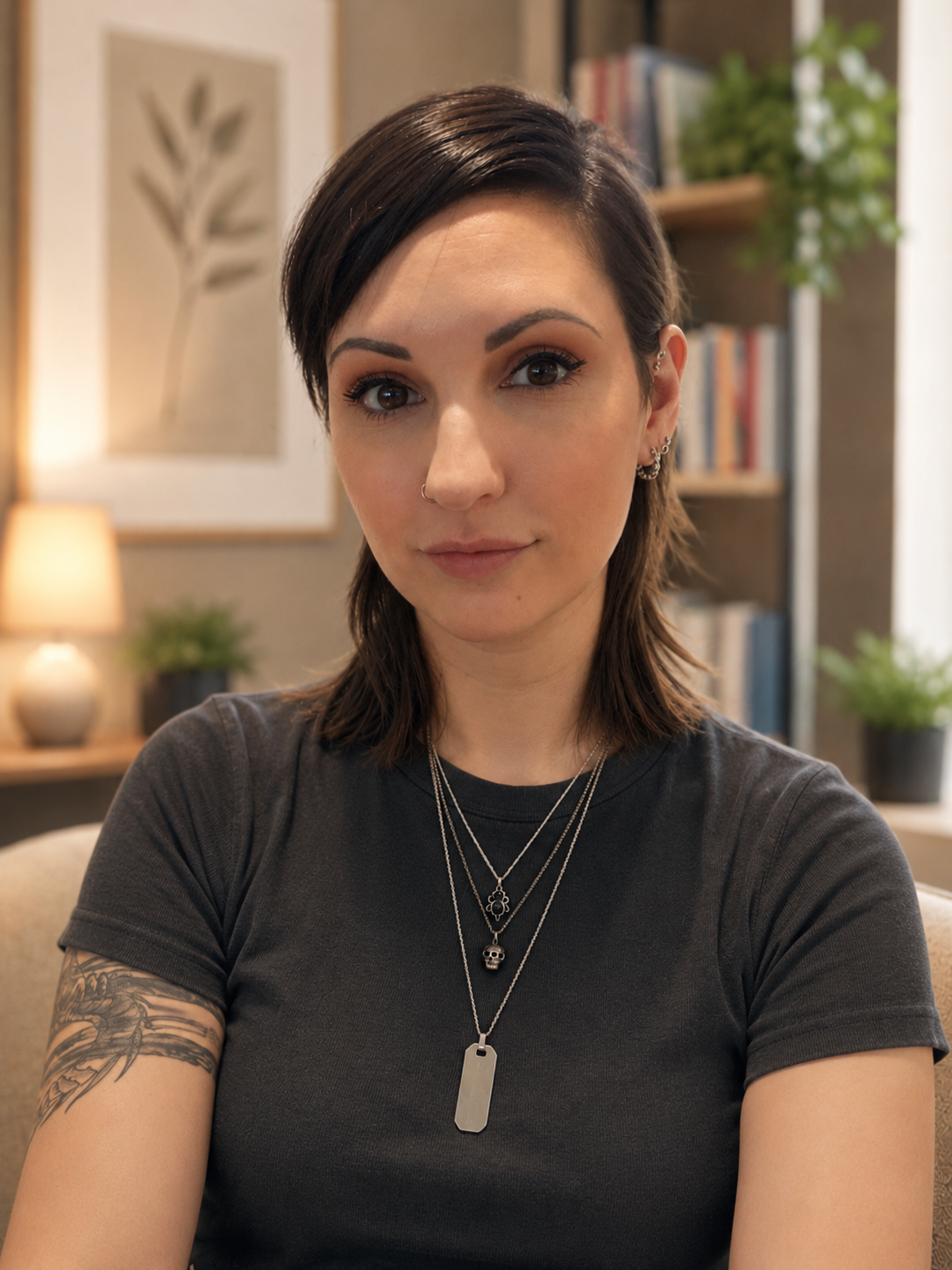 A woman with short dark hair, multiple earrings, and layered necklaces, sitting in a cozy room with books and plants in the background.