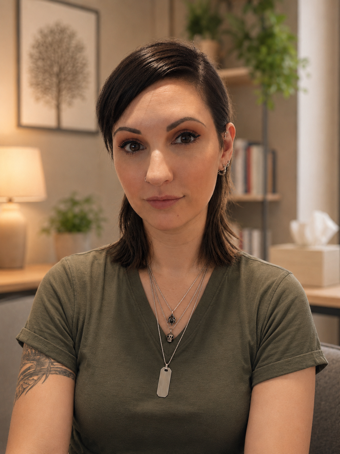 A woman with dark brown hair and brown eyes, wearing layered necklaces, a green t-shirt, and silver jewelry, sitting in a cozy, well-lit room with indoor plants, artwork, and books in the background.