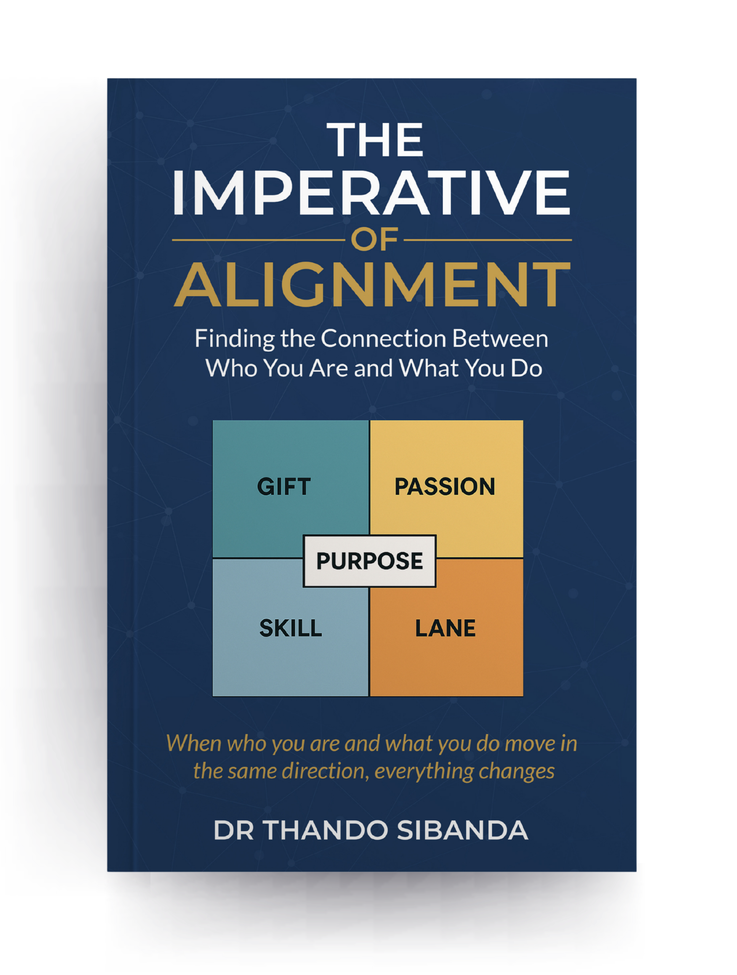 Cover of a book titled 'The Imperative of Alignment' by Dr. Thando Sibanda. The cover features a dark blue background with a subtle network of connecting lines and dots, and a diagram with sections labeled 'Gift,' 'Passion,' 'Purpose,' 'Skill,' and 'Lane.' The subtitle reads 'Finding the Connection Between Who You Are and What You Do.'