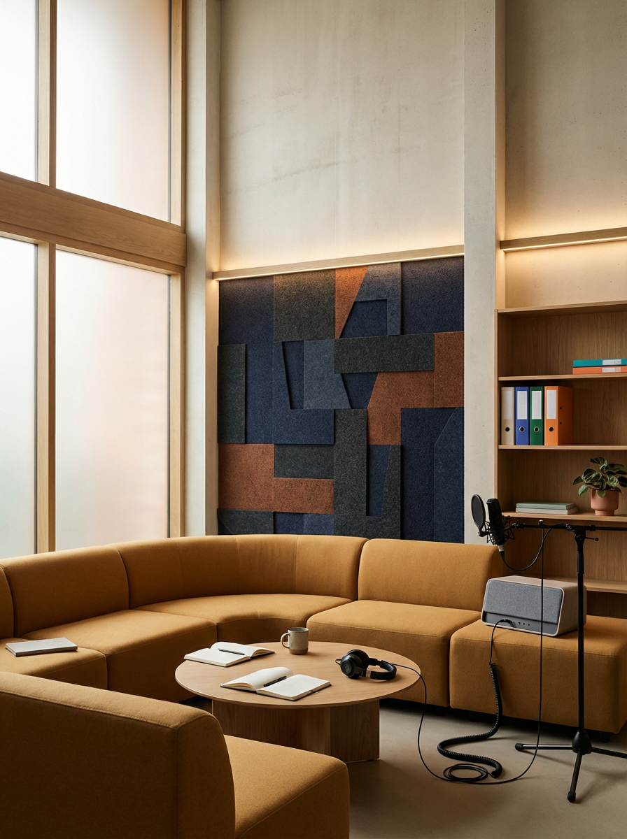 A cozy office or lounge area with a curved brown sofa, a round wooden coffee table holding notebooks, a mug, and a pair of headphones. The space features large frosted windows, a modern textured wall art piece, a bookshelf with binders and a potted plant, and a microphone with a pop filter connected to a speaker.