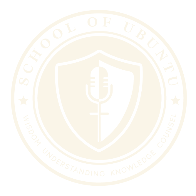 Logo of the School of Ubuntu featuring a shield with a microphone in the center, surrounded by the words "WSIM - Wisdom, Understanding, Knowledge, Counsel."