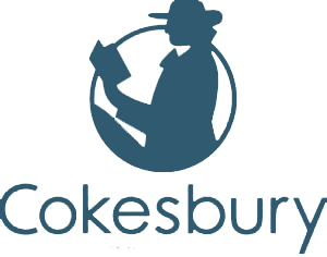 Logo featuring a silhouette of a man wearing a hat and coat, holding an axe, with a globe in the background, and the text 'Cokesbury' below.