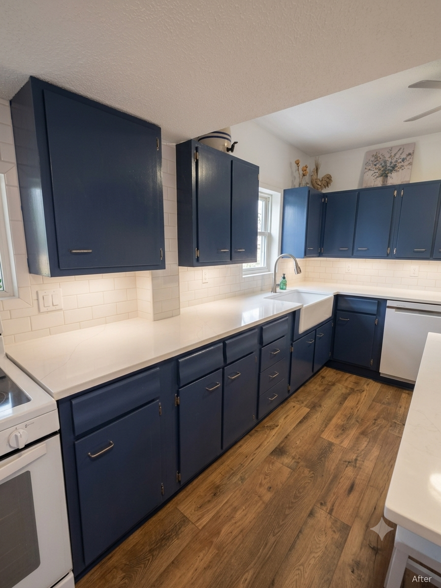 Custom kitchen remodel and property update by BACES, LLC in Greater Lafayette, featuring modern blue cabinets and white countertops.