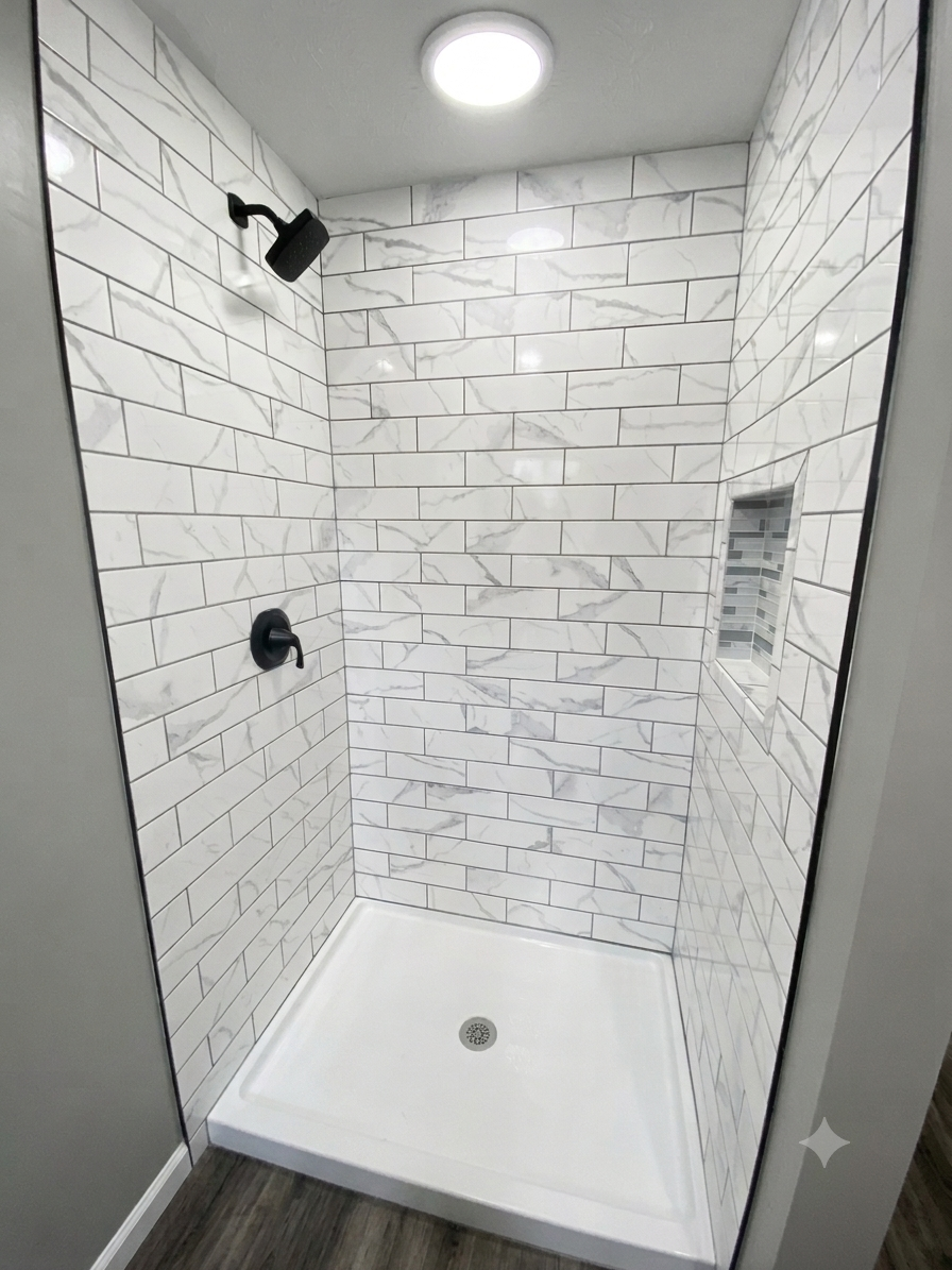 Custom residential bathroom remodel by BACES, LLC in Greater Lafayette, featuring a subway tile walk-in shower and premium finishes.