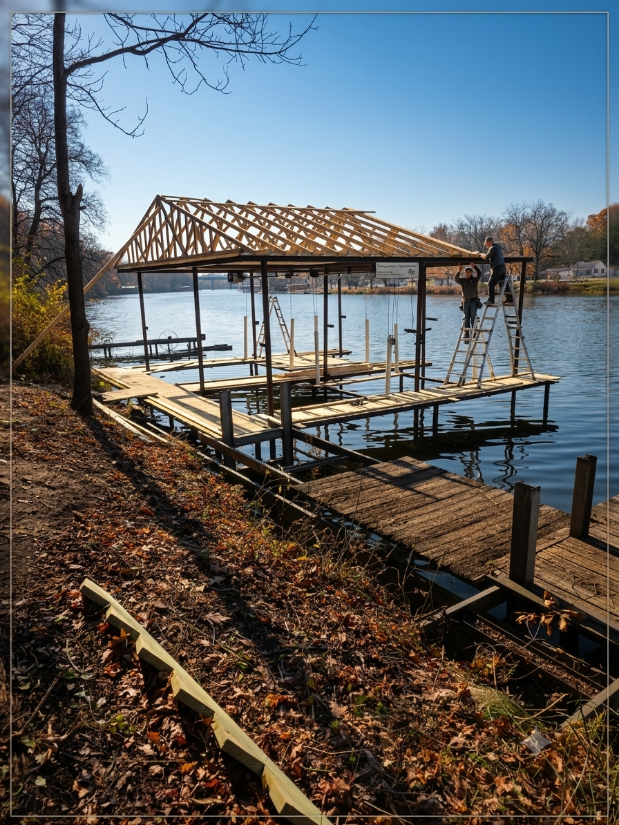 Custom outdoor structure construction and property maintenance by BACES, LLC in Greater Lafayette, featuring a waterfront dock and roof build.