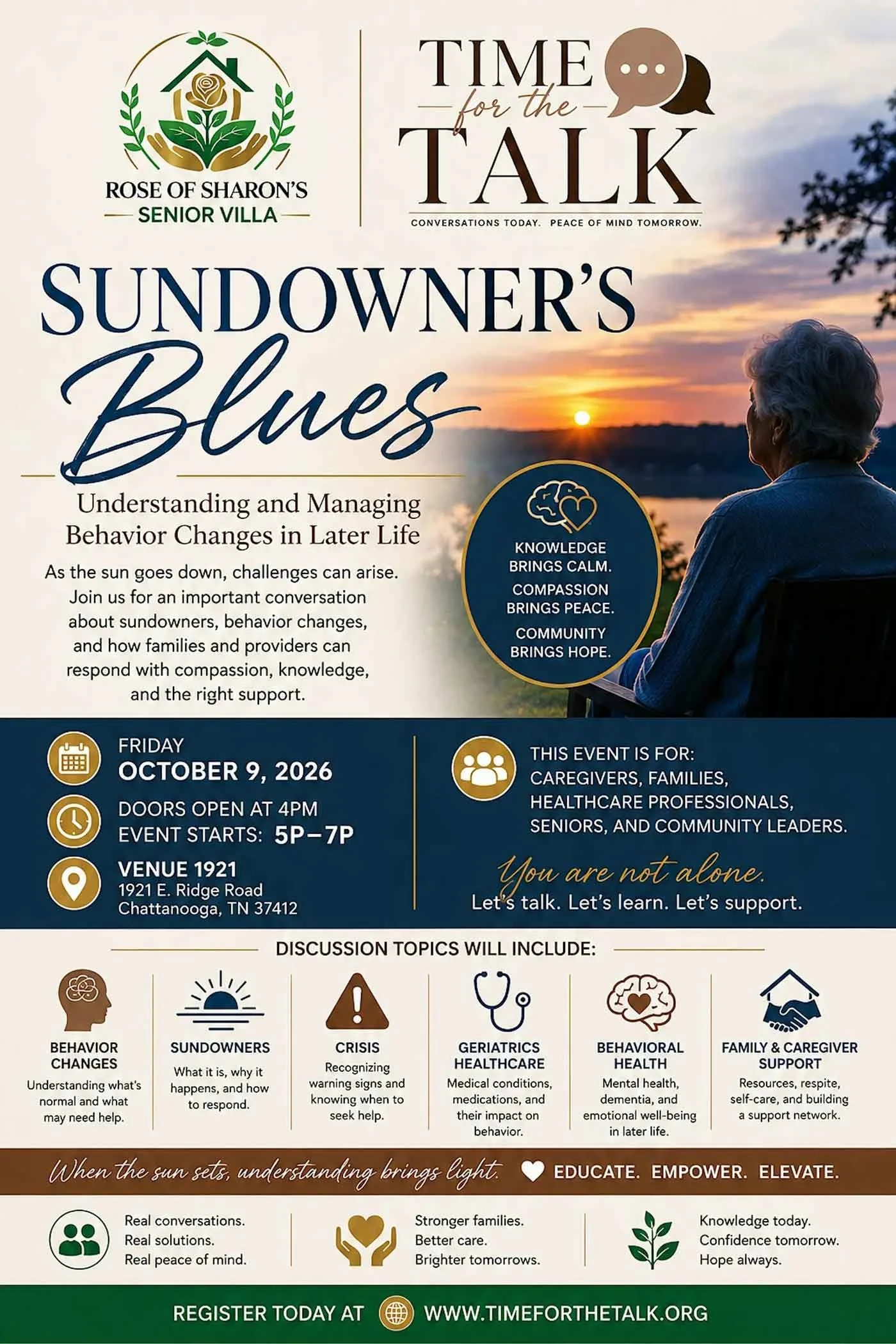 Flyer for the 'Time for the Talk' event at Rose of Sharon's Senior Villa featuring sundown blues, understanding and managing behavior changes in later life, with details for October 9, 2026, from 5 to 7 pm at 1921 E. Ridge Road, Chattanooga, TN, online registration for the event, and icons representing discussion topics such as behavior changes, sundowners, crisis, geriatrics, behavioral health, and family caregiver support.