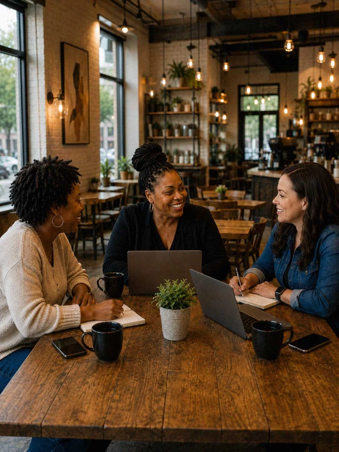 Three women sitting at a wooden table in a cozy café, smiling and talking, with laptops, notebooks, and coffee mugs in front of them.