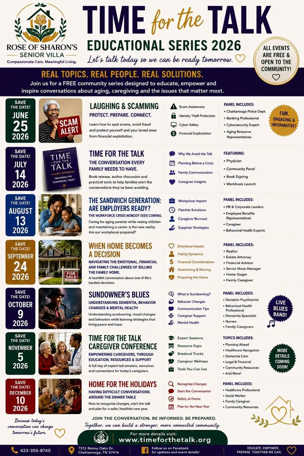 Poster for Rose of Sharon's Senior Villa's educational series 2026, titled 'Time for the Talk,' with dates and topics including scam awareness, family communication, caregiver support, and home safety, featuring icons and event descriptions.
