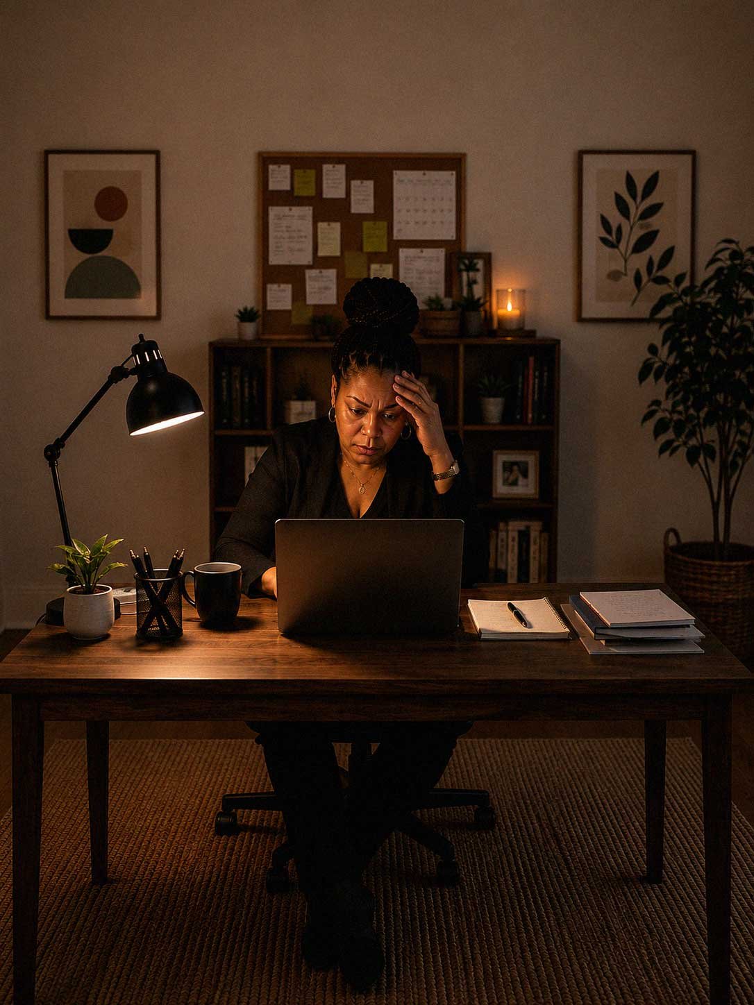 A woman sitting at a desk in a dimly lit room looking at her laptop with a worried expression, with files and notebooks on the desk and a bookshelf and wall art in the background.
