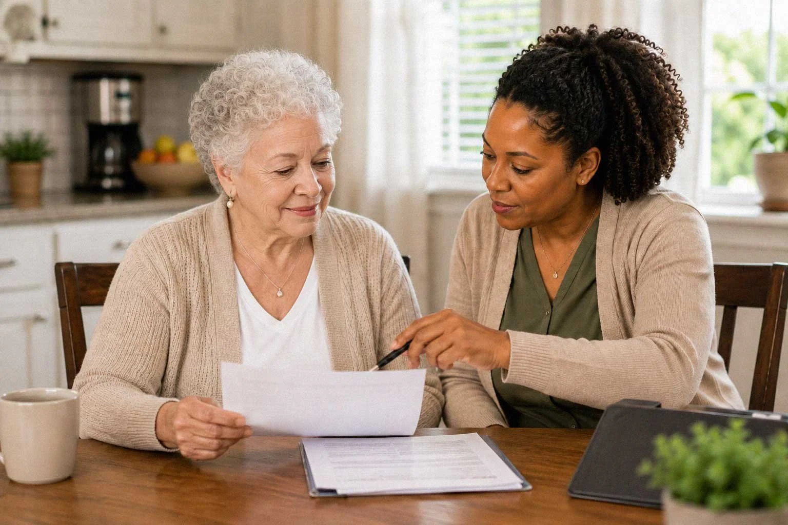 Two women sit at a kitchen table reviewing documents together, one older with white curly hair, the other middle-aged with dark curly hair, discussing paperwork in front of them.