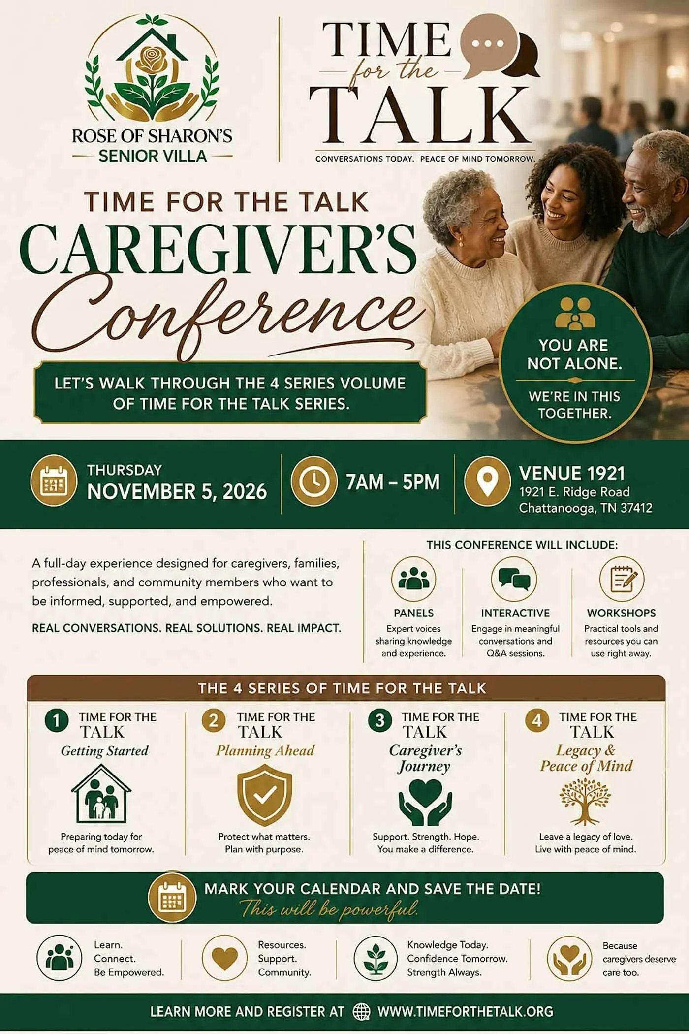 A flyer for the Rose of Sharon's Senior Villa 'Time for the Talk' caregiver conference, featuring an image of diverse caregivers smiling at each other in a social setting. The flyer includes event details: Thursday, November 5, 2026, from 7 AM to 5 PM at Venue 1921, 1921 E. Ridge Road, Chattanooga, TN 37412. It describes the conference as a full-day event with panel discussions, interactive moments, and workshops aimed at caregivers, families, professionals, and community members.