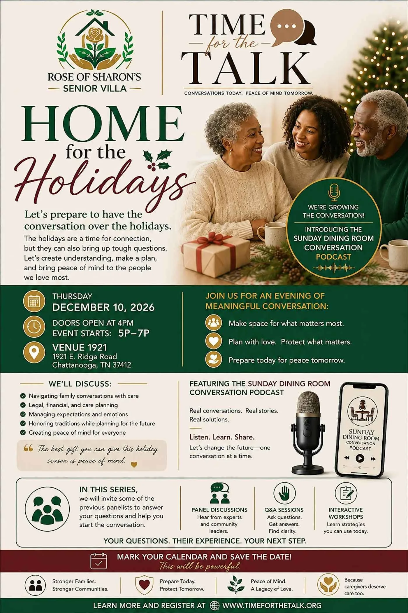 A holiday event flyer promoting a family conversation podcast at Rose of Sharon's Senior Villa. The flyer features a smiling multigenerational family with Christmas decorations, including a Christmas tree and a gift. The event is scheduled for December 10, 2026, from 5 to 7 PM at 1921 E. Ridge Road, Chattanooga, TN. It encourages meaningful conversations about family, planning, and peace of mind, with details about discussions, panel, Q&A, and interactive workshops. The flyer emphasizes the importance of peace of mind and caring for loved ones during the holidays.