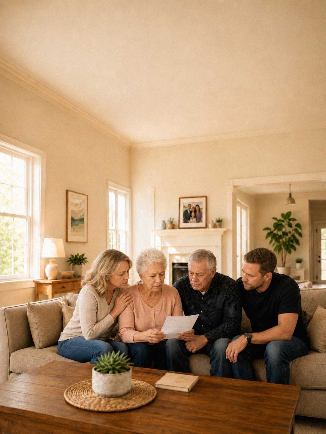 Four people, two elderly women and two middle-aged men, sitting on a beige sofa in a well-lit living room, looking at a document together.