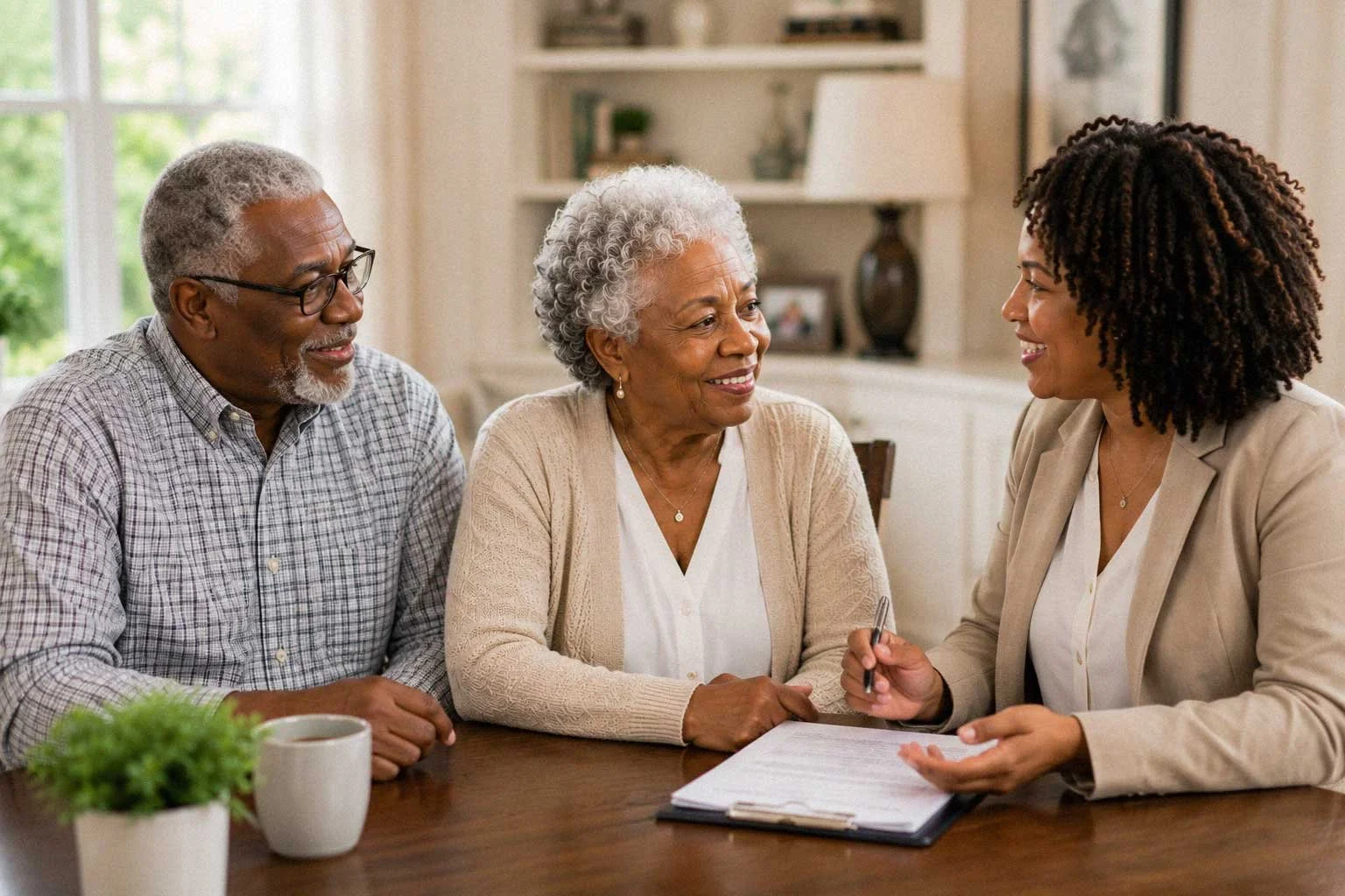 A family consultation with a woman doctor in a cozy home setting. The elderly woman is smiling at the doctor, who is holding a pen and a clipboard, engaged in conversation. The man sits to the left, smiling, and there is a white mug and a small green plant on the table.