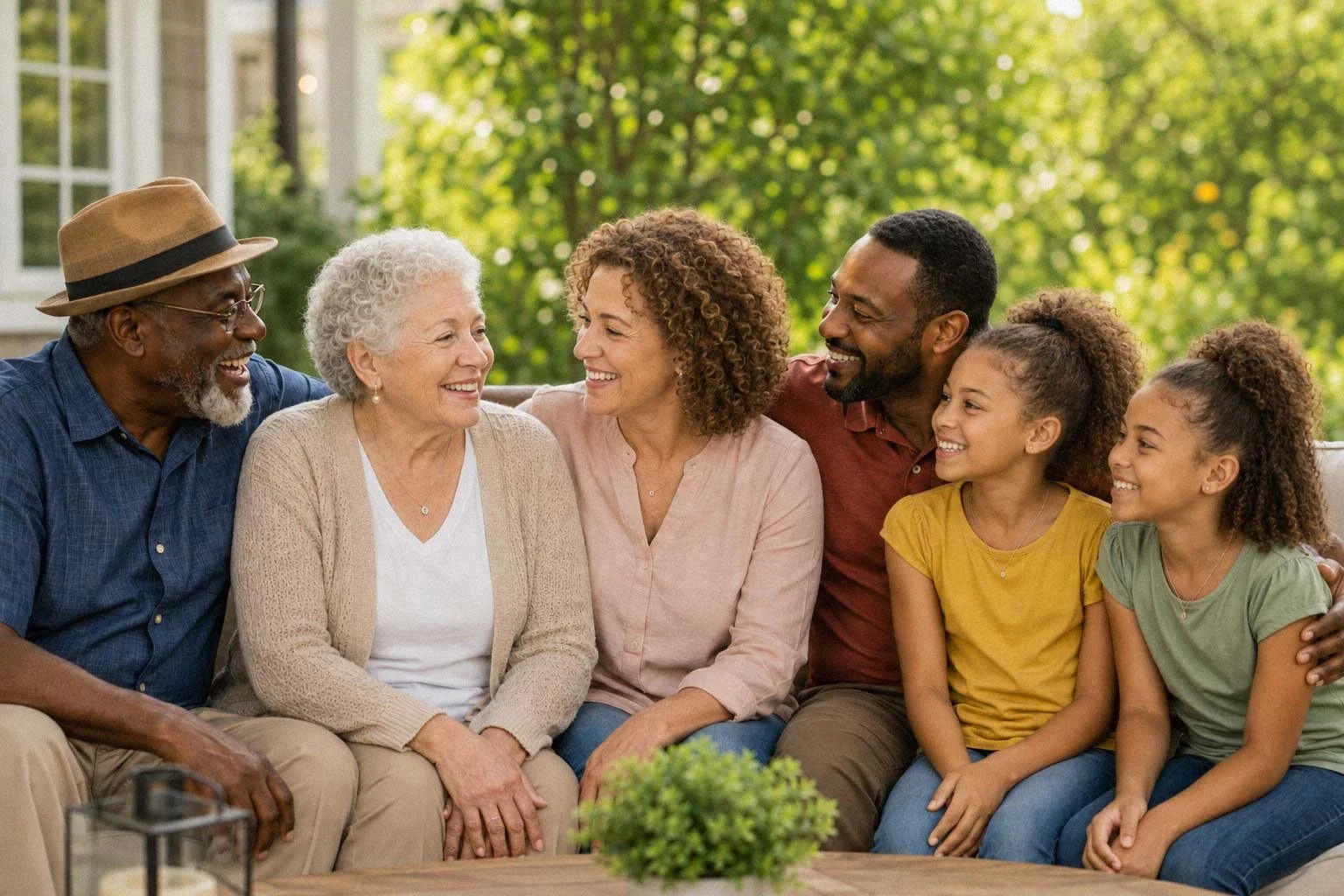 Multi-generational biracial family sitting on porch, smiling and enjoying each other's company, with green trees in the background.