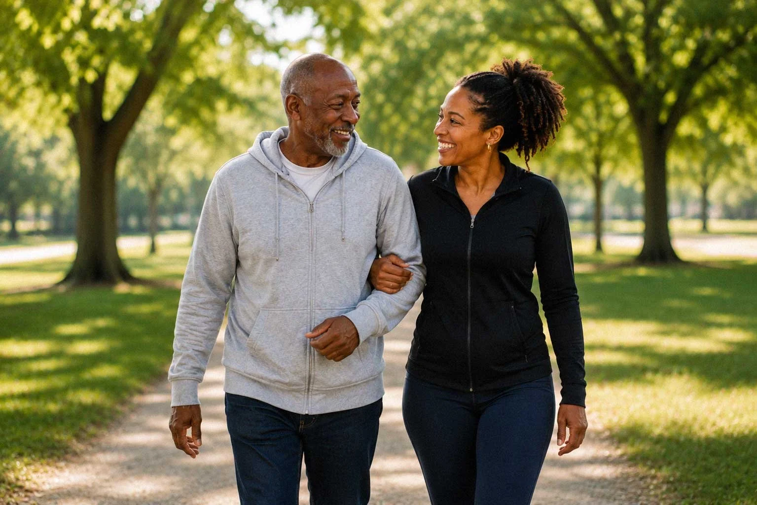 A senior man and a woman are walking together in a park, smiling at each other, surrounded by green trees.