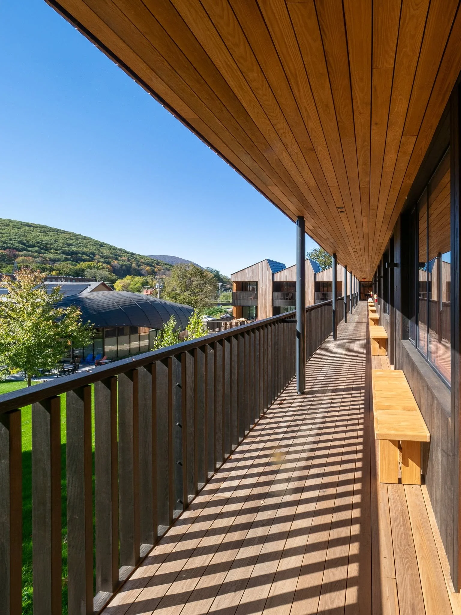 Wooden balcony with benches, overlooking a green landscape with trees and hills under a clear blue sky.
