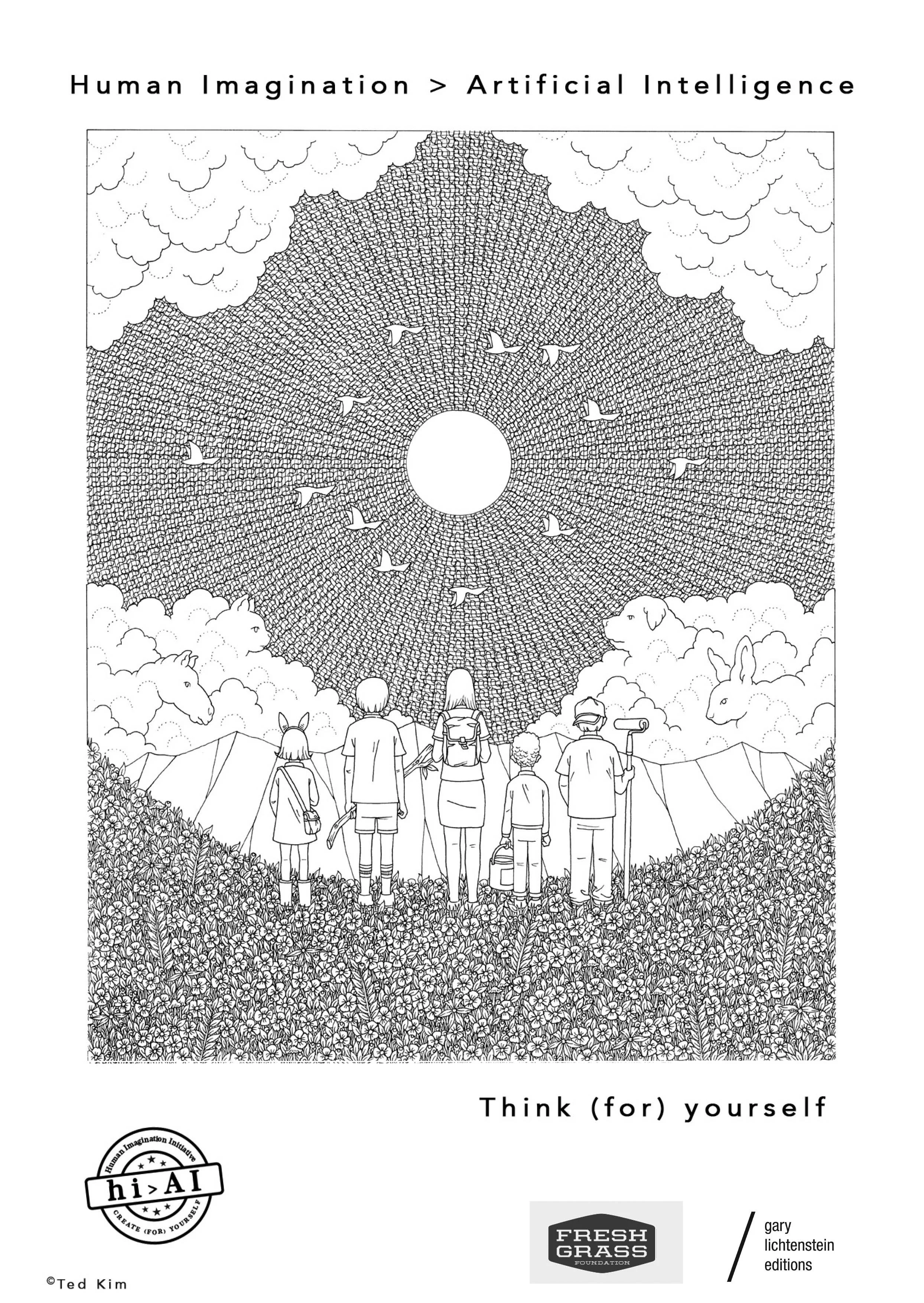Black-and-white illustration of a group of four people standing in a field of flowers, looking up at a large circular object in the sky made of a dense pattern, with clouds and birds in the background. Text at the top reads 'Human Imagination > Artificial Intelligence'.
