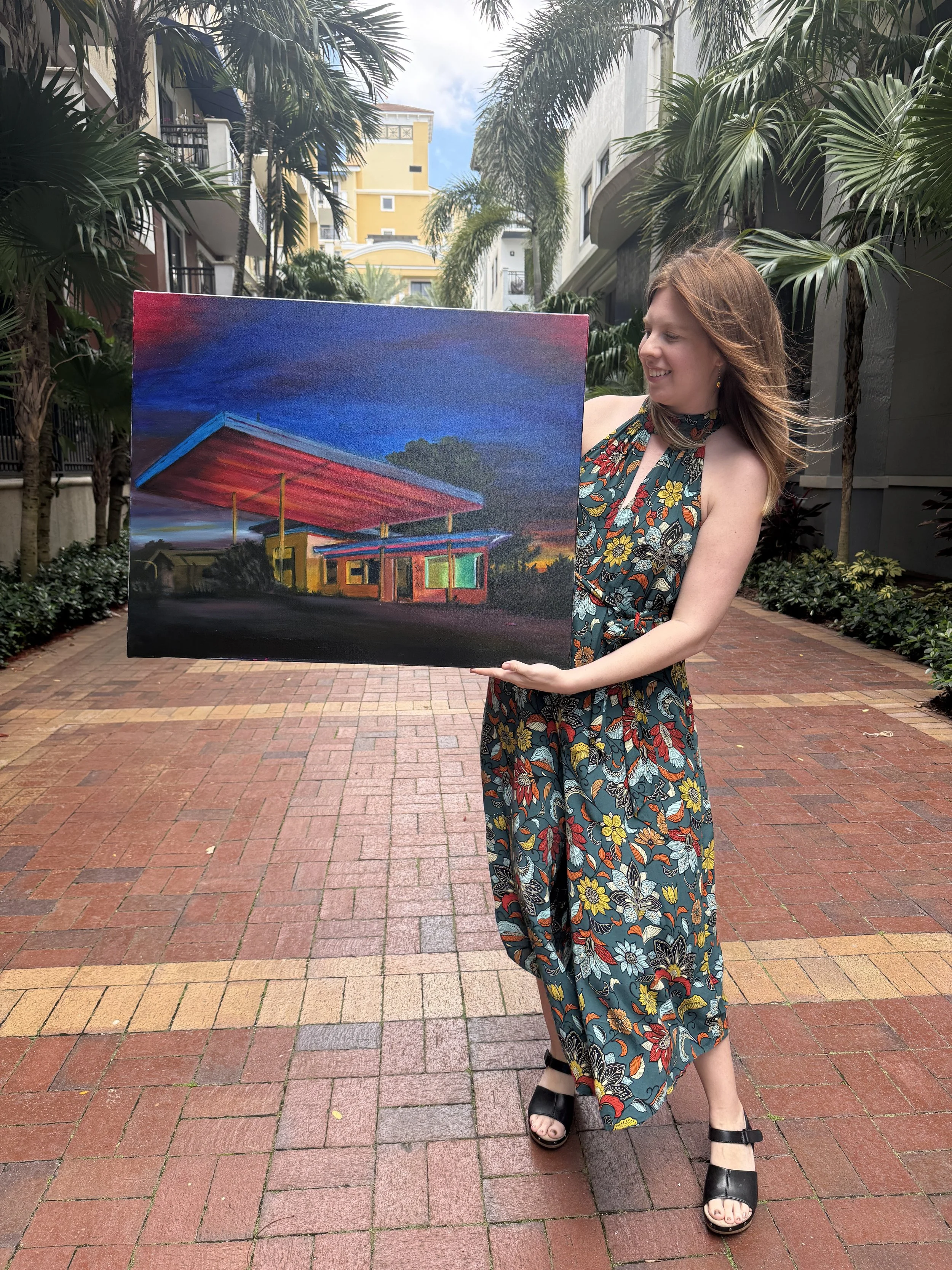 Gas Station at Sunset - Oil on Canvas - 3 ft by 2 ft