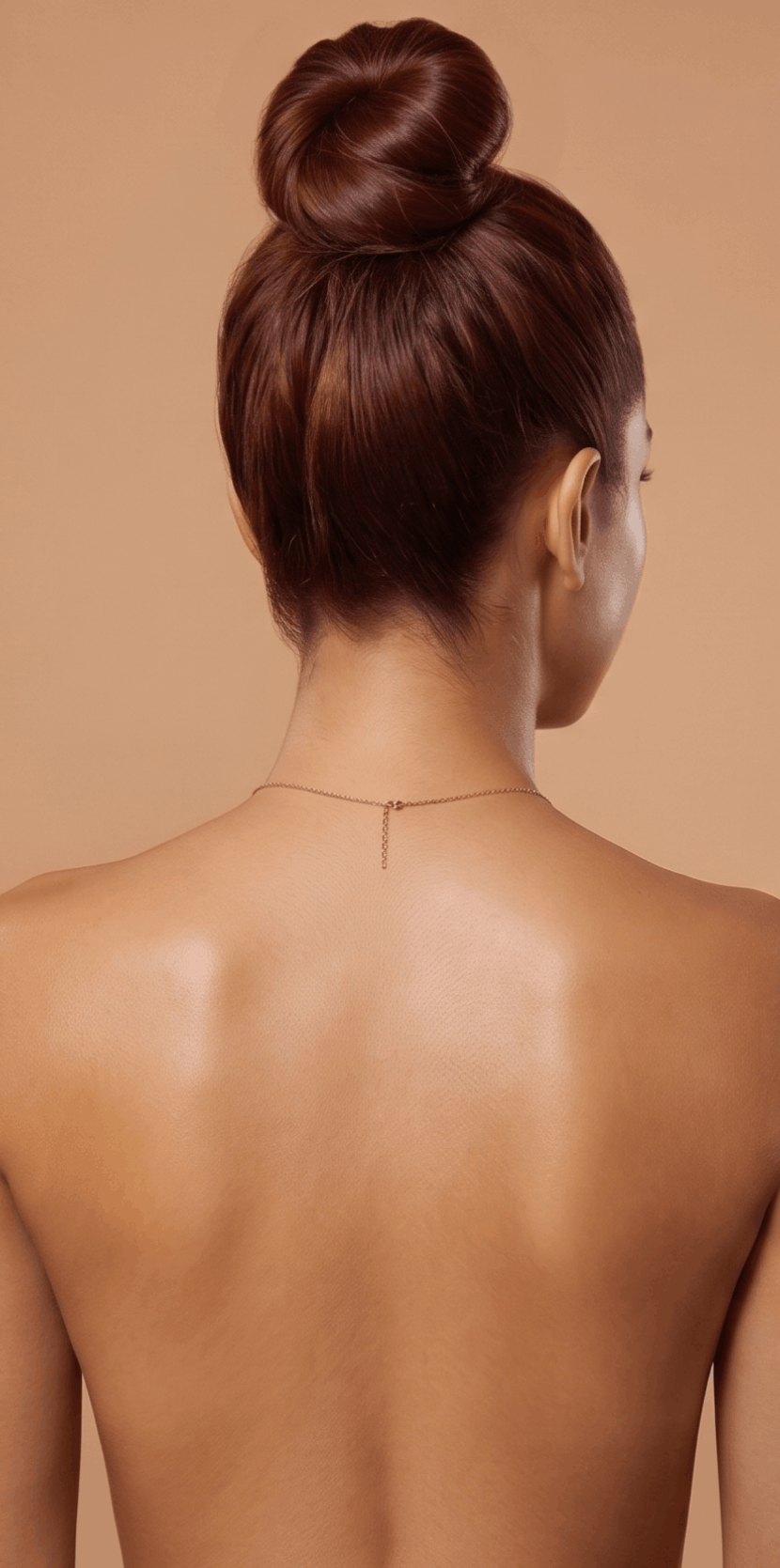Back view of a woman with reddish-brown hair styled in a bun, showing her bare shoulders and neck, wearing a delicate chain necklace.