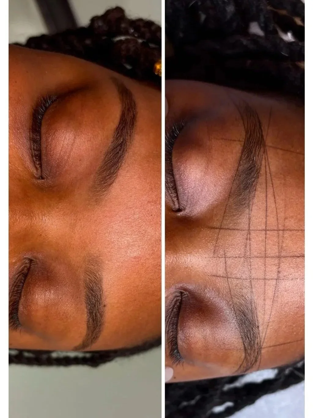 Before and after images of eyebrow shaping, showing a person's closed eyes, with grids drawn on the right image for shaping and enhancement.