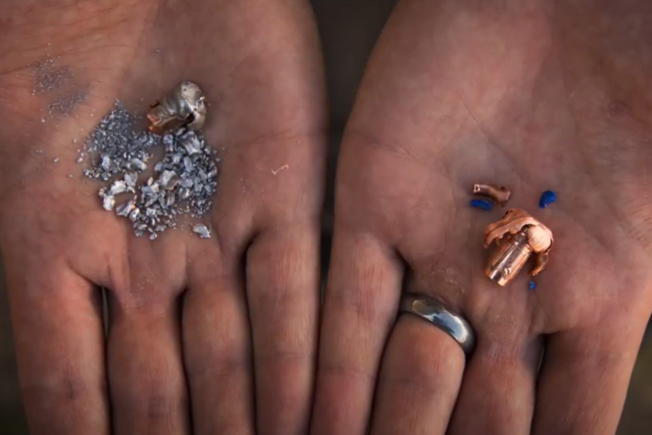 Close up of lead and non lead ammunition fragments showing how lead fragments much more than nonlead alternatives