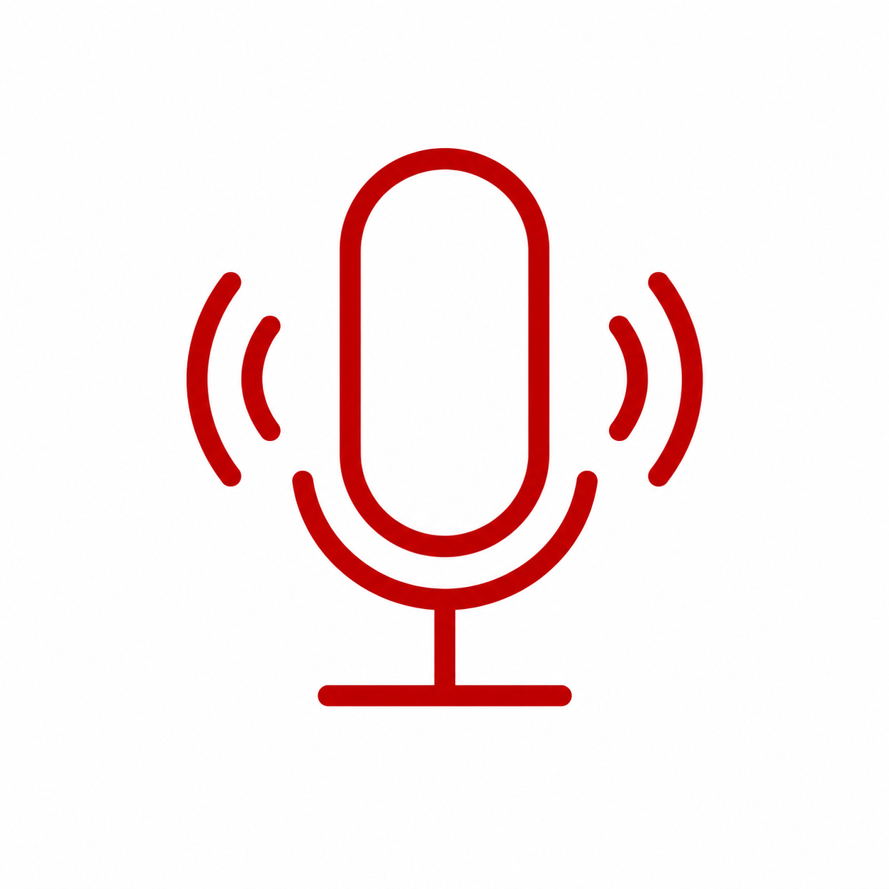 Red outline microphone icon with sound waves.