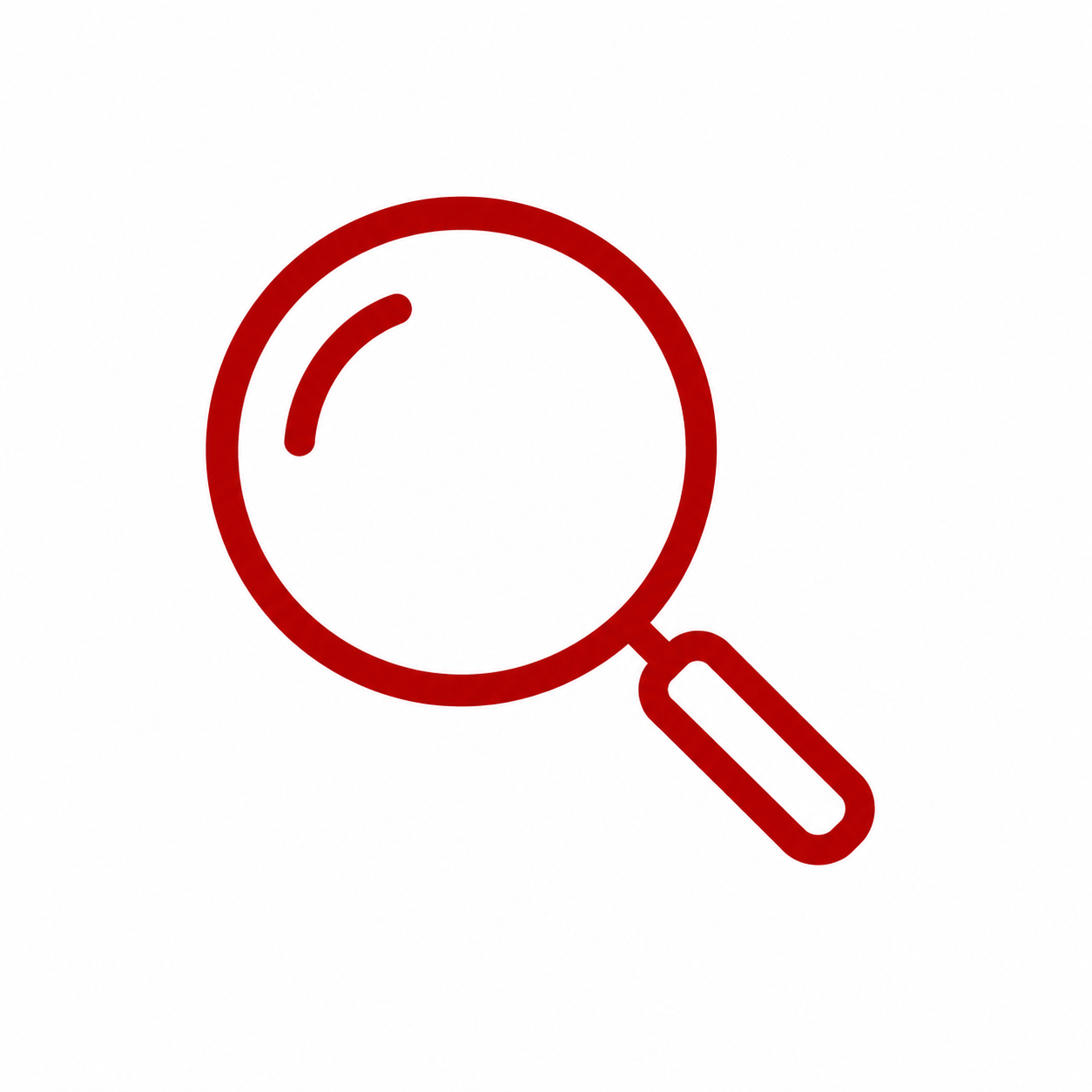 Red outlined magnifying glass with a blank center and a curved highlight in the glass