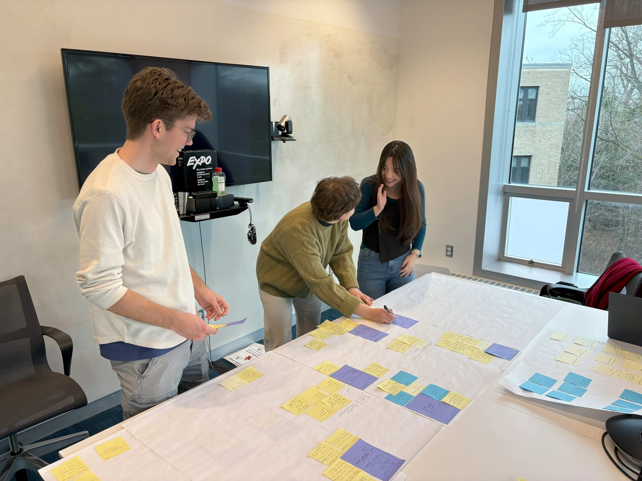 Students coding qualitative data during a risk communication lab meeting using post-it notes.