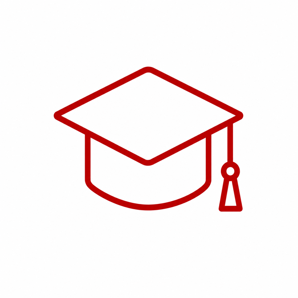 Outline of a graduation cap in red on a white background.