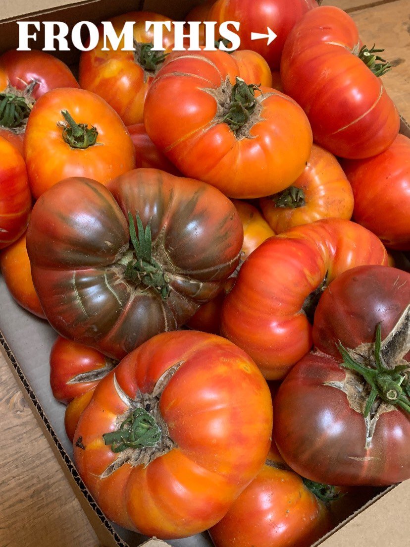 We've got beautiful chunky heirloom tomatoes, straight from your grandmother's garden! And here the family really (and I mean reaaaally) loves tomato burrata salad.

We chop our heirloom tomatoes, our basil and add some of our borage flowers to decor