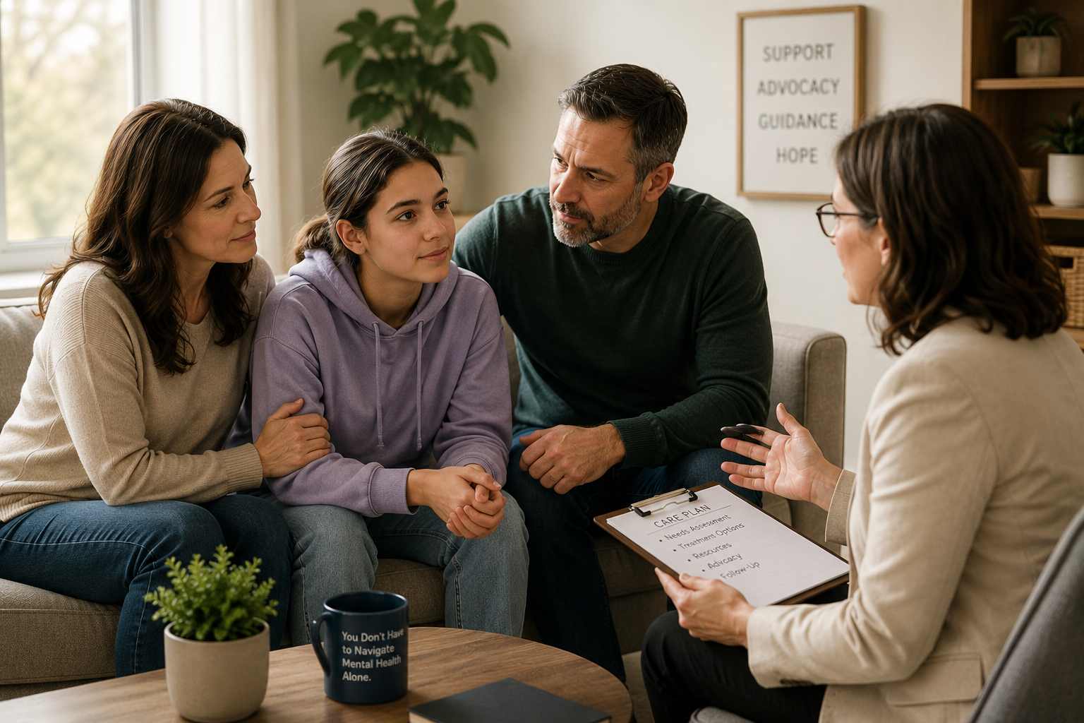 Mental health family advocacy meeting providing care coordination, treatment guidance, and support for families navigating behavioral, substance use, and mental health services.