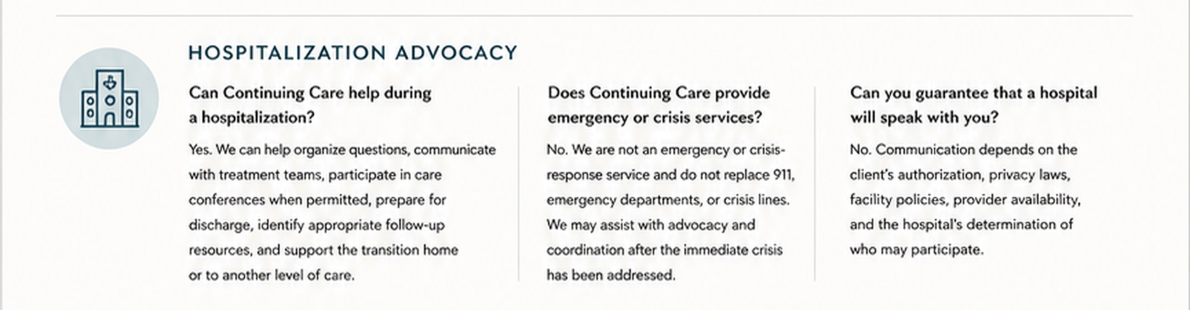 Questions about hospitalization advocacy, discharge planning and transitioning between levels of care