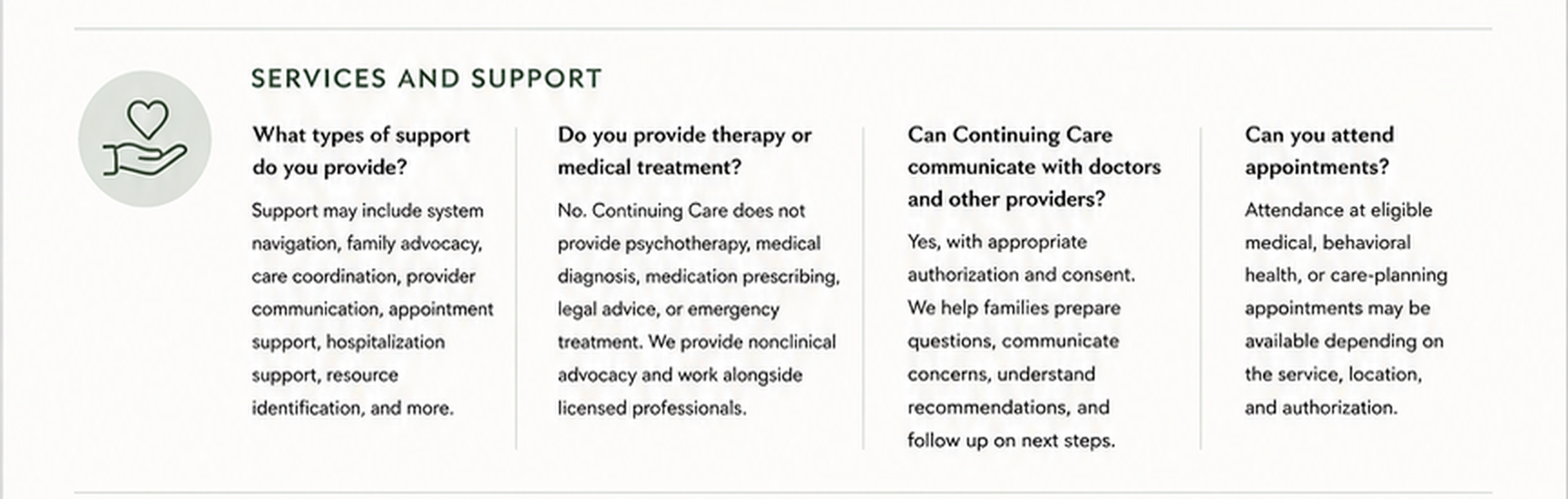 questions about family advocacy, care coordination, appointments, and provider communication