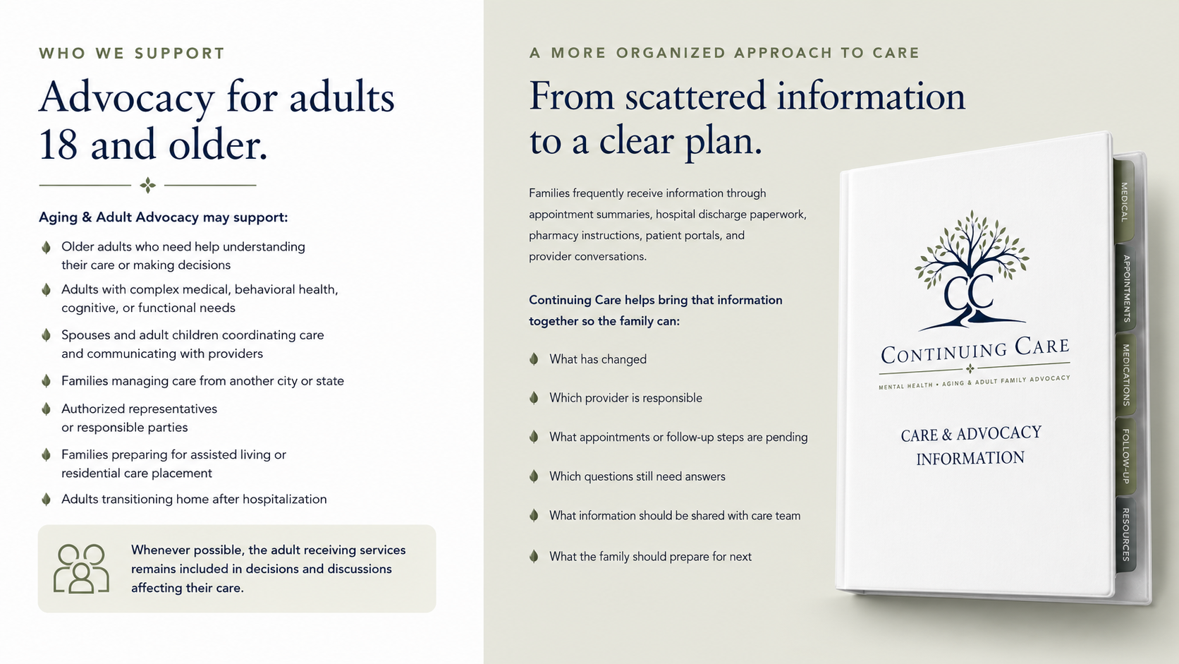 Customized care binder for older adults with medications, providers, appointments, and important documents.