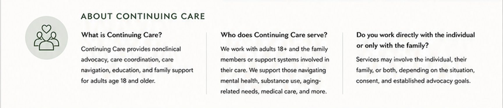 Continuing care serves adults and families with substance use, mental health, and aging & adult elderly population
